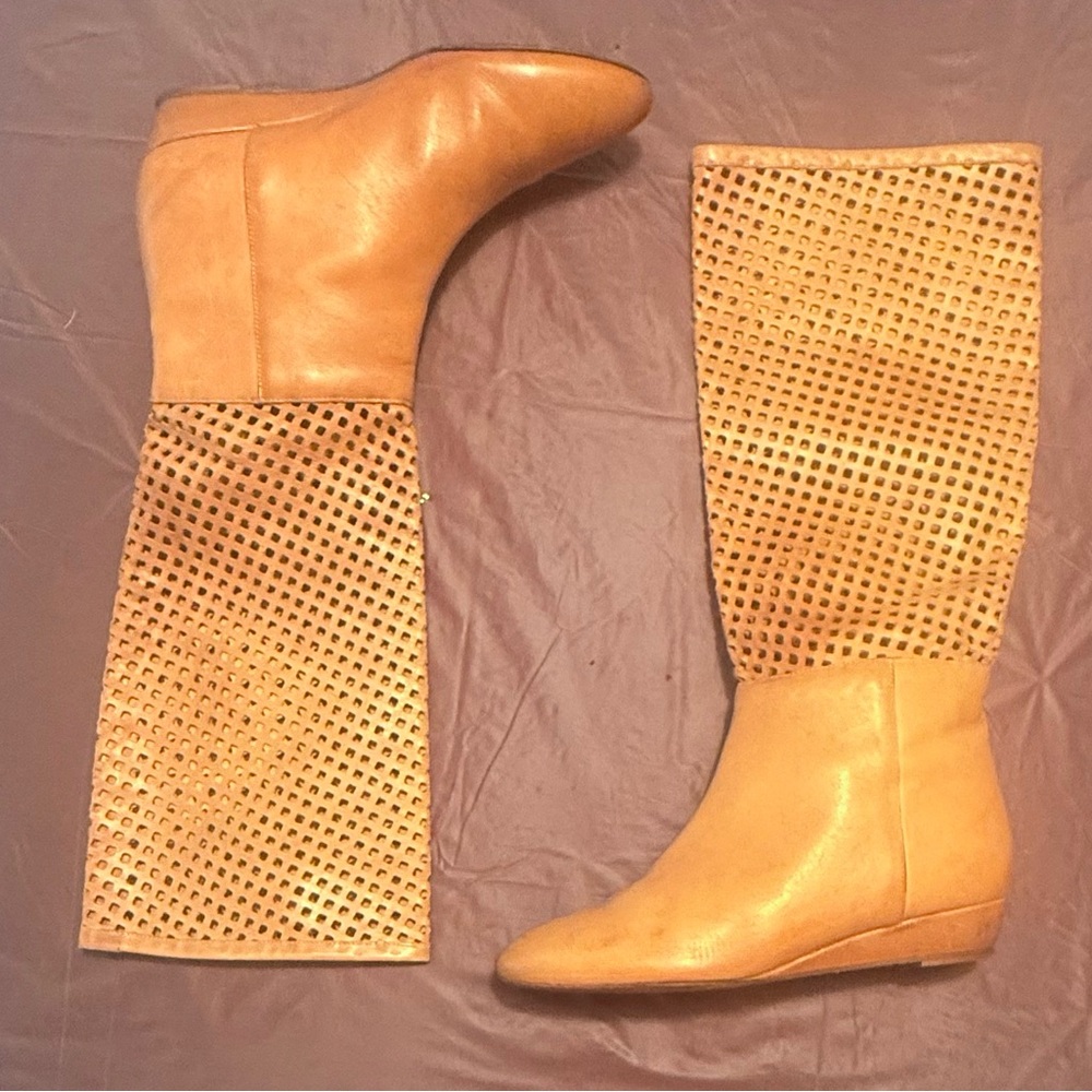 Loeffler Randall Brown Perforated Wedge Heel Knee High Riding Boots Size 6 $498 - Picture 3 of 9